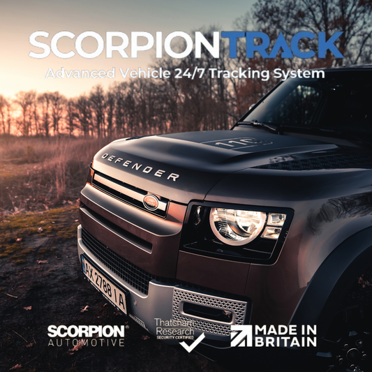 Scorpion tracking logo infront of a New Defender