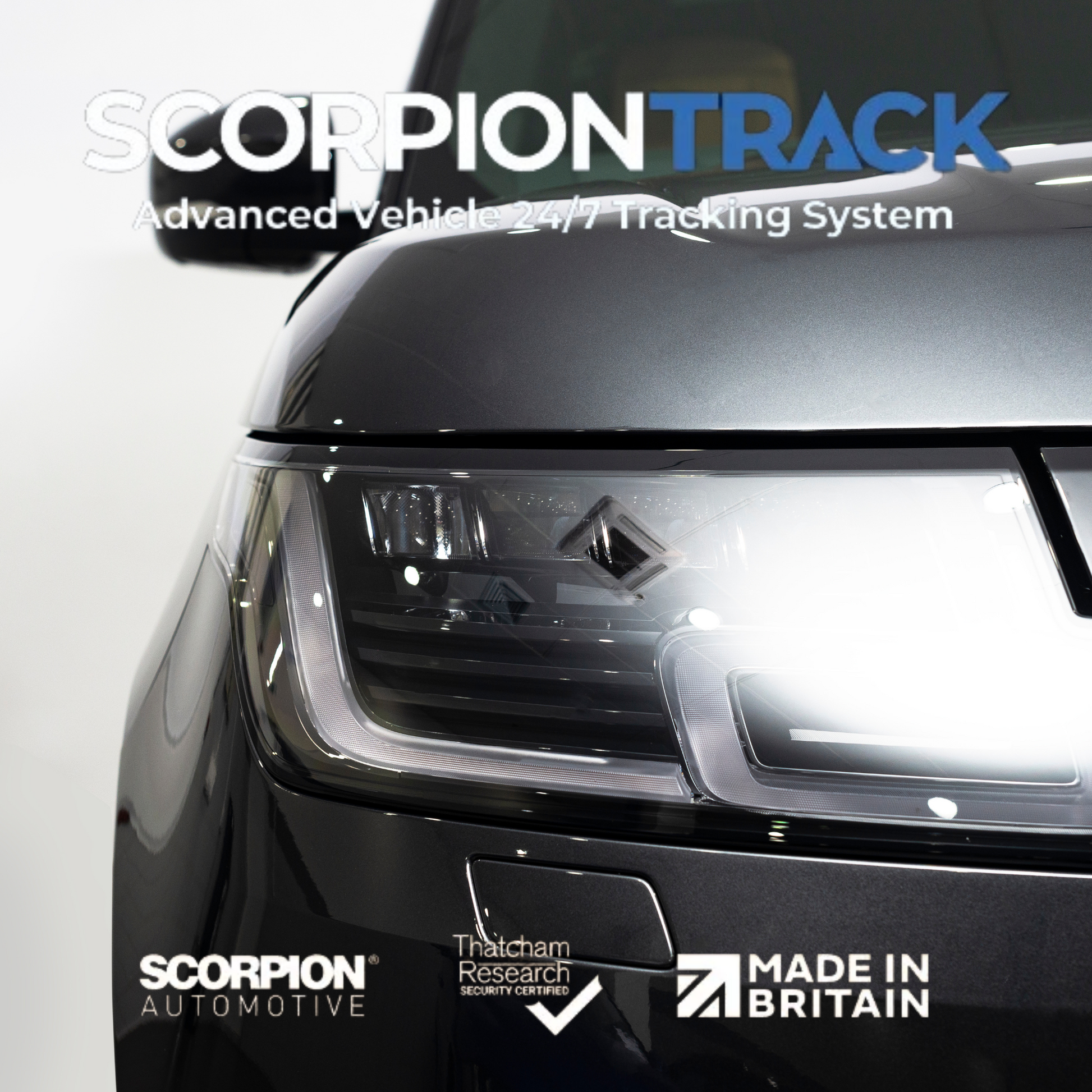 Scorpion logo on a range rover headlight background