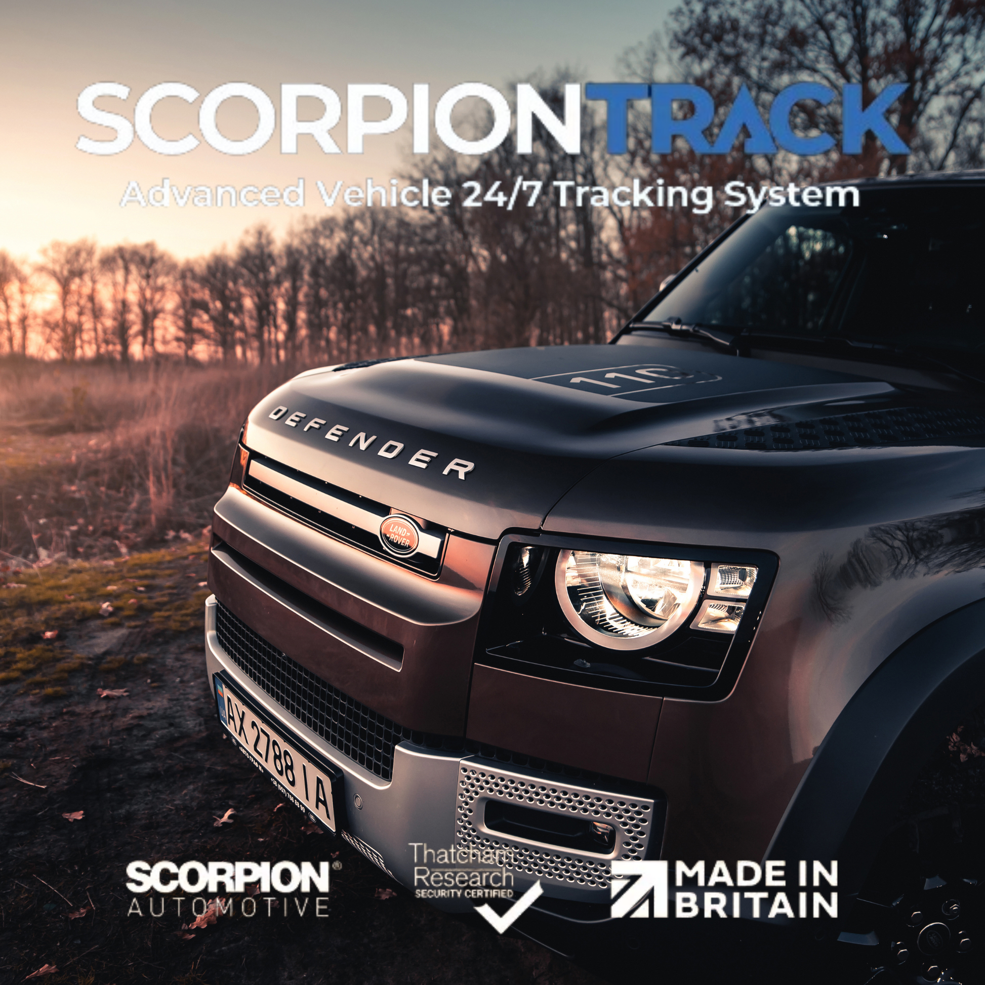 Scorpion logo with a defender in the background